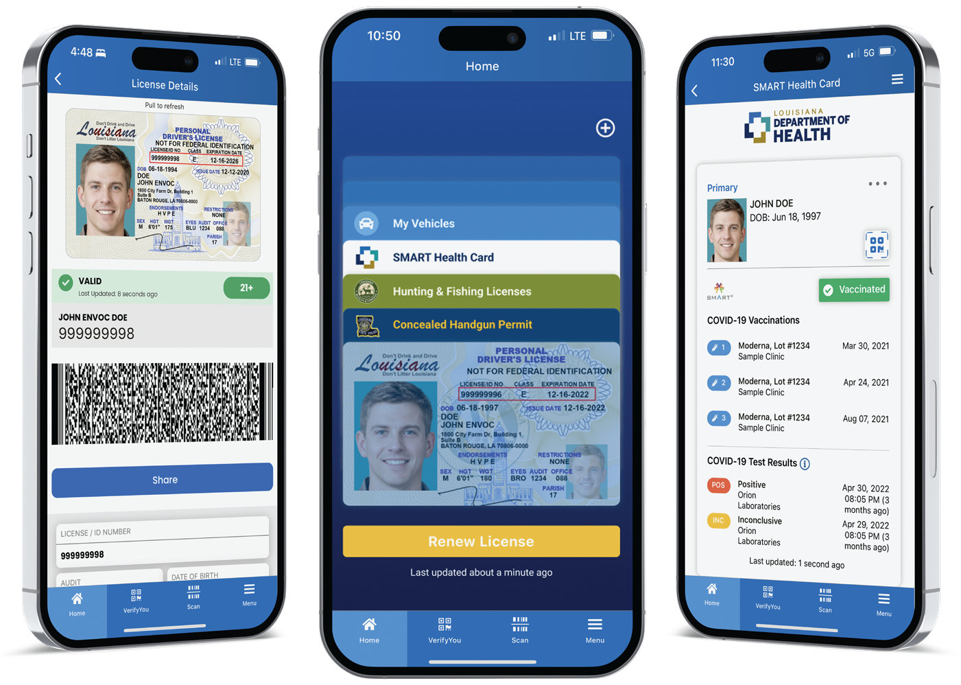 3 Phones showing the LA Wallet app interface